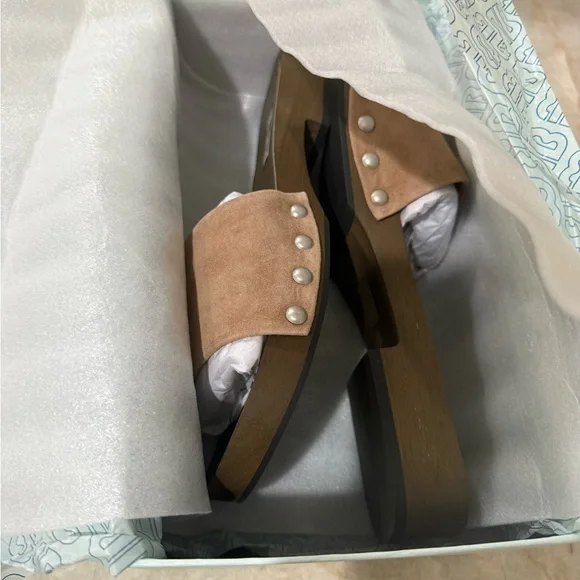 Bibi Lou Anthropologie Wood Bottom Slide Sandal Beige Neutral size 9.5 / 40 - Picture 4 of 7